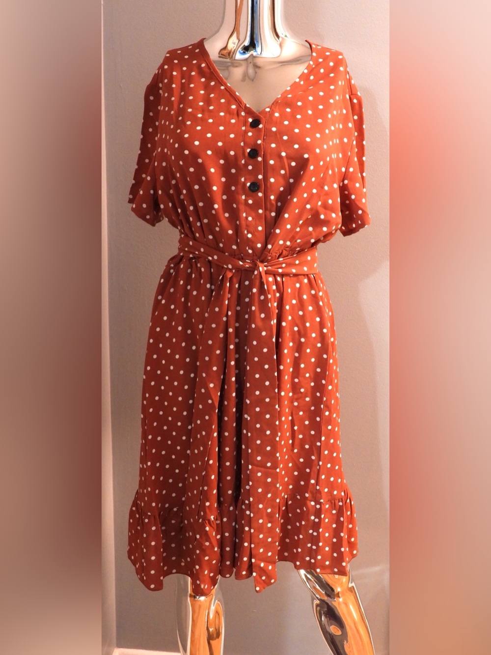 Polka Dot Rust Midi Dress with Waist Tie
